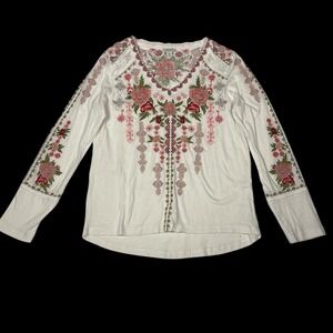 Sundance Glacier Garden Floral Embroidered Long Sleeve Tee Shirt Womens M Boho